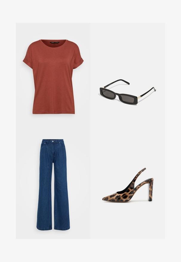 Sarkans īsām piedurknēm t-krekls, izgatavots no mīksta materiāla. Iezīmē apaļu kakla izgriezumu, sarullētas piedurknes un brīvu piegriezumu ar gludu tekstūru.; Platas kājas zila denim bikses ar augstu jostasvietu, priekšējo pogu un slēgšanu ar rāvējslēdzēju, kā arī priekšējām un aizmugurējām kabatām uz vienkārša fona.; Lāču raksta slingback kurpes ar norādītu purngalu un caurspīdīgu bloku papēdi. Izgatavotas no spīdīgas masas ar gludu tekstūru.; Melnas taisnstūra saulesbrilles ar tumšiem objektīviem, spīdīgām plastikāta rāmēm un zelta akcentiem tempļos. Minimalistisks dizains un eleganta forma.