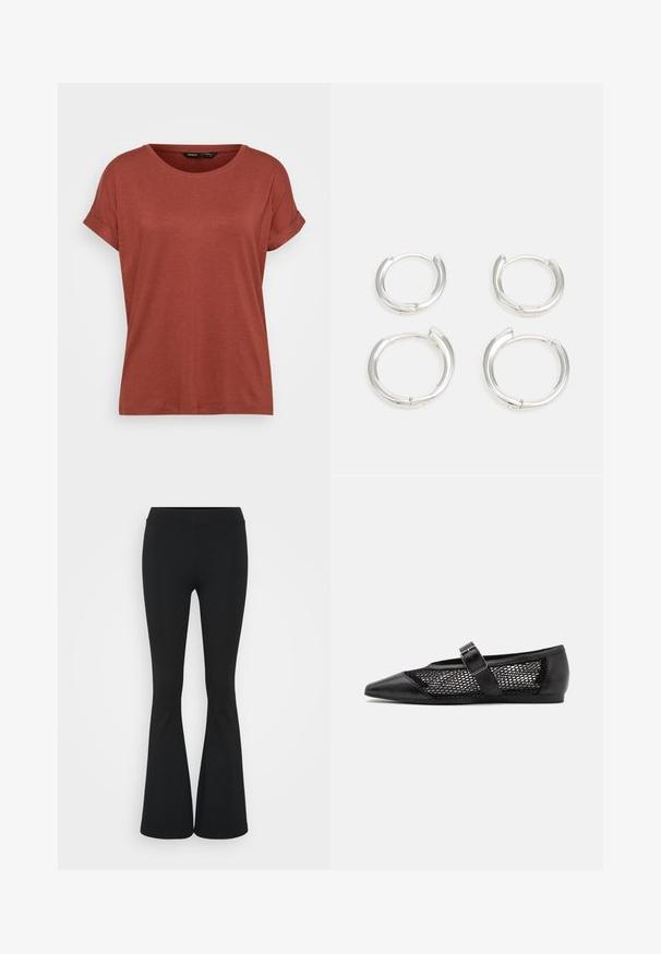 Punane lühikeste varrukatega t-särk, mis on valmistatud pehmest materjalist. Omab ümmargust kaelust, rullitud varrukaid ja lõdva istuvuse, millel on sile tekstuur.; Mustad flared püksid venivast kangast, kõrge vöökoht ja sile tekstuur. Püksid laienevad põlve kohalt.; Mustad musta kinnas, terava toe, võrkküljepaneelide ja rihmaga, millel on pandla detail. Sile viimistlus toe ja kontsa osades.; Hõbedased hõbesõrmed, millel on sile, poleeritud viimistlus. Kaks paari, millel on veidi erinev suurus. Lihtne, ringikujuline disain, kerge.