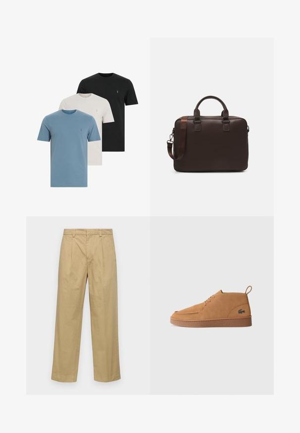 AllSaints BRACE TONIC 3 PACK - Βασικό μπλουζάκι - blue/grey/black; Μπεζ βαμβακερό παντελόνι με ίσιο κόψιμο, διαθέτοντας ραφές μπροστά και πλαινές τσέπες. Ο ύφασμα έχει απαλό και λείο υφή.; Καφέ σουέτ παπούτσι με δέσιμο μέχρι τον αστράγαλο, με καουτσούκ σόλα και λωρίδα για εύκολη εφαρμογή, διαθέτει το χαρακτηριστικό λογότυπο κροκοδείλου στο πλάι.; Καφέ δερμάτινη τσάντα φορητού υπολογιστή με υφή, διπλά επάνω χερούλια, ρυθμιζόμενο λουρί και δύο μπροστινές πόρπες για επιπλέον λεπτομέρεια.
