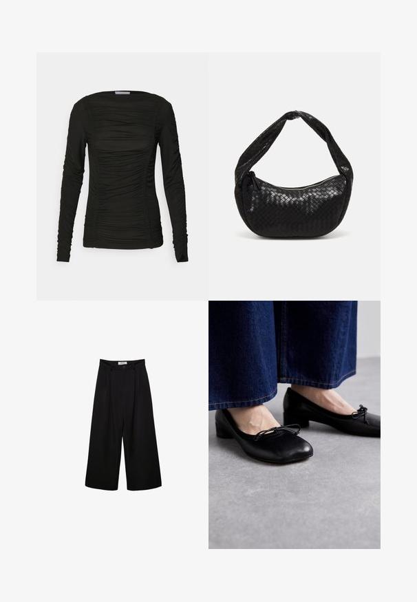 Crna majica dugih rukava izrađena od mekog materijala s naborima duž prednje strane i rukava, s okruglim izrezom i prilagođenim dizajnom.; Crne široke hlače s visokim strukom, nabranim prednjim dijelom i kopčanjem na dugme. Izrađene su od glatkog materijala s krojenim dizajnom.; Crne kožne cipele sa kvadratnim vrhom i niskom petom, s dekorativnom mašnom sprijeda. Nosive s tamnim trapericama.; Crna torba od pletene kože s zakrivljenim oblikom, koja ima debelu ručku i zatvaranje na patentni zatvarač. Teksturirana površina s sjajnim završetkom.