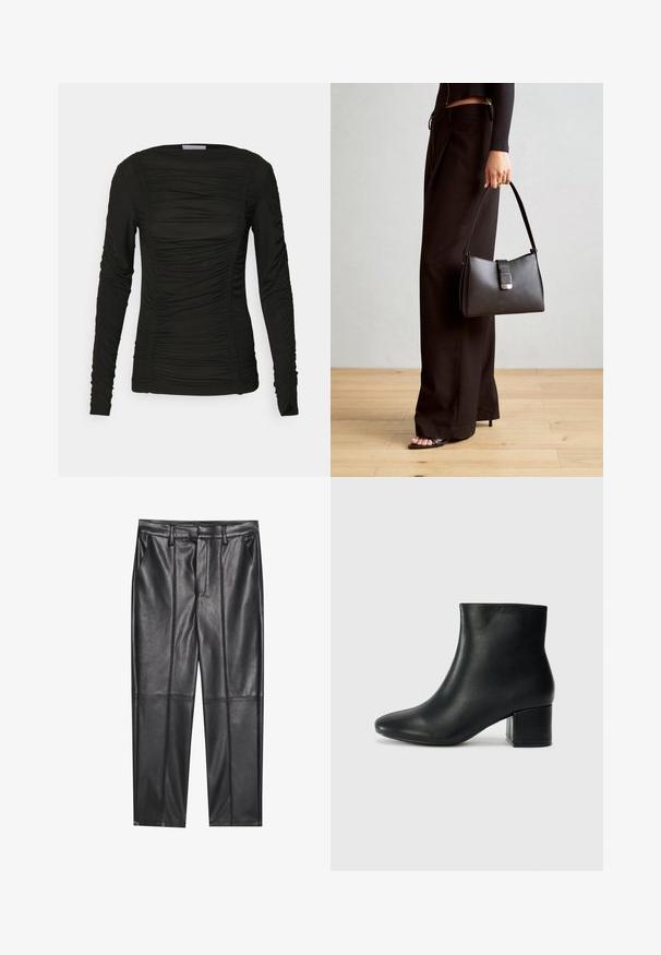 Juodas ilgos rankovės marškinėliai iš minkštos medžiagos, su raukšlių detalėmis priekyje ir rankovėse, turintys apvalų iškirpimą ir prigludusią dizainą.; Juodos odinės kelnės su lygiu tekstūru, tiesaus kirpimo, dviem priekinėmis kišenėmis ir matomomis siūlėmis.; Juodos odinės aulinės botai su smailiu priekiniu pirštu ir storu kulnu. Lygus tekstūra su minimaliomis detalėmis ir elegantišku, tvirtai priglundančiu dizainu.; Juodas rankinė struktūrizuota forma, lygi tekstūra ir metalinis užsegimas. Suporuota su plačiomis juodomis kelnėmis ir atvirais bateliais ant medinių grindų.