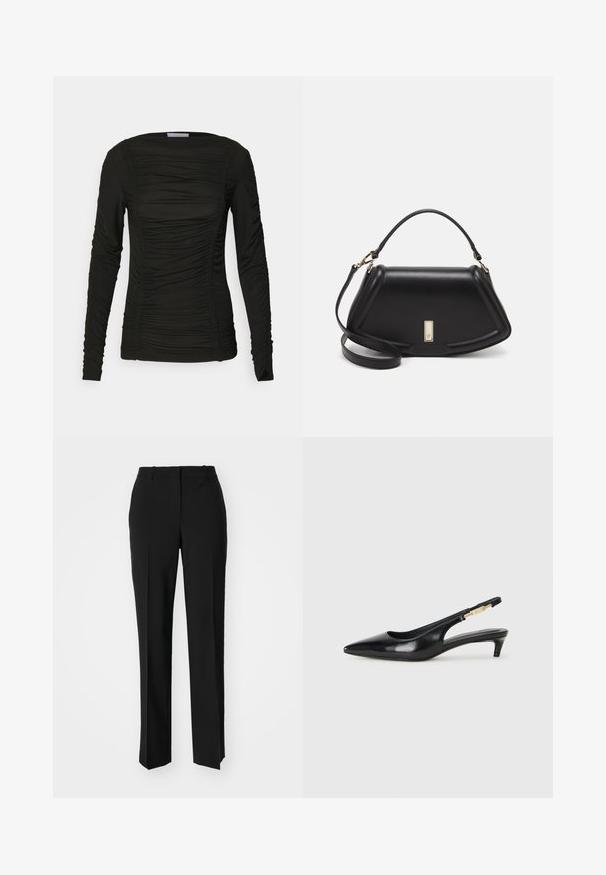 Black long-sleeve top made of soft material with gathering details along the front and sleeves, featuring a rounded neckline and fitted design.; Black tailored trousers with a straight-leg design, featuring a smooth texture and crisp creases along the front. No visible hardware.; Black leather slingback heels with a pointed toe, featuring a slim heel and a gold-tone accent on the adjustable strap. Smooth texture.; Black leather handbag with a structured design, featuring a cropped shape, top handle, and gold hardware accent. Adjustable shoulder strap included.