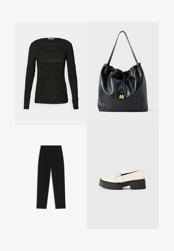 Zwarte top met lange mouwen gemaakt van zacht materiaal, met plooidetails langs de voorkant en de mouwen, en voorzien van een ronde halslijn en een aansluitend ontwerp.; Zwarte broeken met een rechte pasvorm, voorzien van dubbele plooien, een zachte textuur en een klassiek taillebandontwerp. Geen zichtbare hardware of accenten.; Witte leren loafer met een stevige zwarte plateauzool, voorzien van een rechthoekige zilveren gesp en zichtbare stiksels op de bovenkant.; Zwarte leren trekkoordtas met een soepele textuur, gatherin aan de bovenkant en subtiele gouden accenten. Beschikt over een enkele stevige schouderband en een geperst logo.
