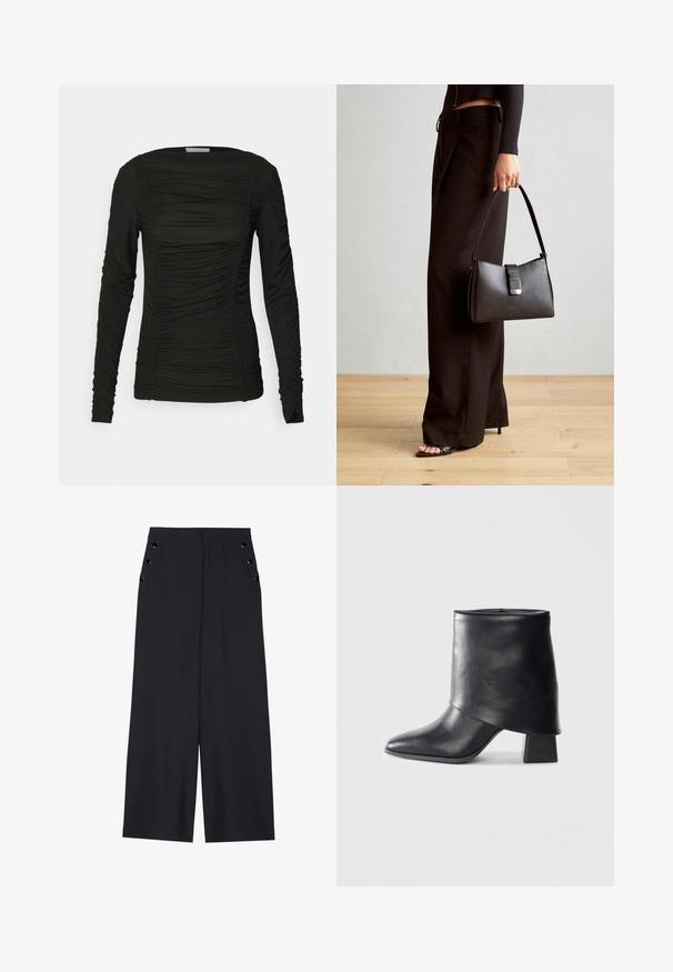 Schwarzes Langarmoberteil aus weichem Material mit Raffung entlang der Vorderseite und der Ärmel, mit rundem Ausschnitt und figurbetonter Passform.; Weite Hosen aus dunkelblauem Stoff mit einer glatten Textur, Vorderfalten und dekorativen goldfarbenen Ösen an den Seitentaschen.; Schwarze Lederstiefelette mit spitzer Zehenform, glatter Oberfläche und strukturiertem Blockabsatz. Mit einem hohen, gefalteten Schaftdesign.; Schwarze Handtasche mit strukturierter Form, glatter Textur und einem metallischen Verschluss. Kombiniert mit weiten schwarzen Hosen und offenen Sandalen auf einem Holzboden.