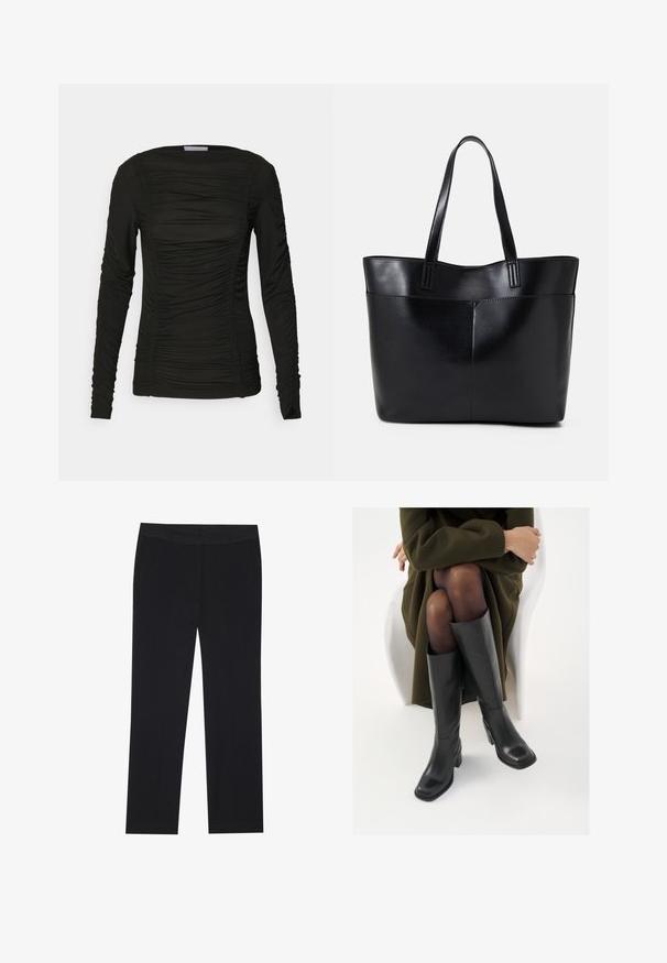 Black long-sleeve top made of soft material with gathering details along the front and sleeves, featuring a rounded neckline and fitted design.; Black trousers with a straight leg design, featuring side pockets and a smooth fabric texture. Minimal detailing, clean waistband.; Knee-high black leather boots with a squared toe and block heel, shown with a model seated in an olive green coat. Smooth texture, minimal detailing.; Black leather tote bag with two long handles, a smooth texture, and a structured shape. Features a front pocket for additional storage.
