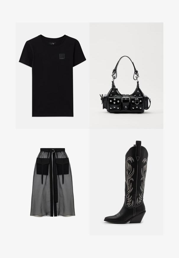 Sort bomulds t-shirt med rund halsudskæring og korte ærmer. Har et lille rektangulært logoemblem på forsiden.; Sort gennemsigtig nederdel med en rynket talje, der har to store forlommer, et taljebånd og en cirkulær metaldetalje.; Sorte læder cowboystøvler med spidse tæer, kilehæle og sølv broderede blomster mønstre langs skaftet. Kontrast syning overalt.; Sort læderhåndtaske med et buet design, prydet med sølvfarvede nitter, en spænde og to sidelommer. Justerbar rem til forskellige bære muligheder.