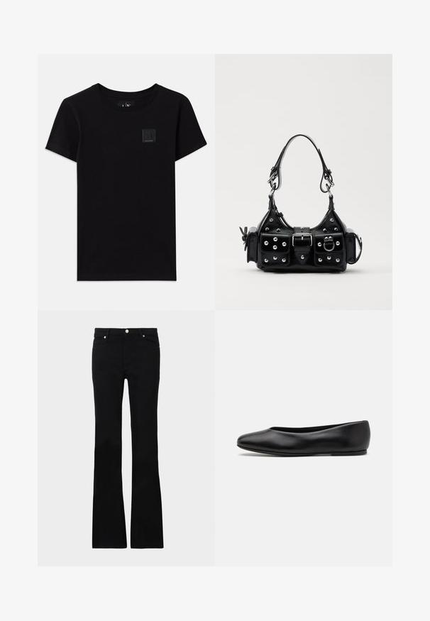 Camiseta de algodón negra con cuello redondo y mangas cortas. Presenta una pequeña etiqueta rectangular con el logotipo en la parte delantera.; Pantalones vaqueros de talle ancho en negro, confeccionados en denim, con dos bolsillos frontales, cierre de botón y una textura suave. Costuras distintivas visibles en las costuras.; Paul Smith TOPANGA - Bailarinas - black; Bolso de mano de cuero negro con un diseño curvado, que cuenta con tachuelas plateadas, una hebilla y dos bolsillos laterales. Correa ajustable para opciones de transporte.