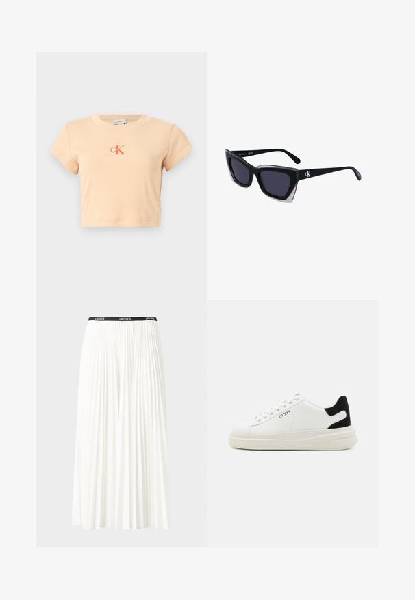 Světlý broskvový krátký rukáv cropped tričko vyrobené z žebrované bavlny, s centrálním logem v tmavě oranžové barvě a minimálními detaily na švech.; Záhybová bílá sukně s černým elastickým pasem s logem "LACOSTE". Suška je střední délky a má jemnou texturu.; Bílé kožené tenisky s tlustou bílou podrážkou, černým semišovým akcentem na patě a vyraženým logem na boku. Šněrovací design se šesti očka.; Černé oversized sluneční brýle geometrického tvaru, s tmavými skly a kontrastním šedým detailem na rámu. Logo na rameni.