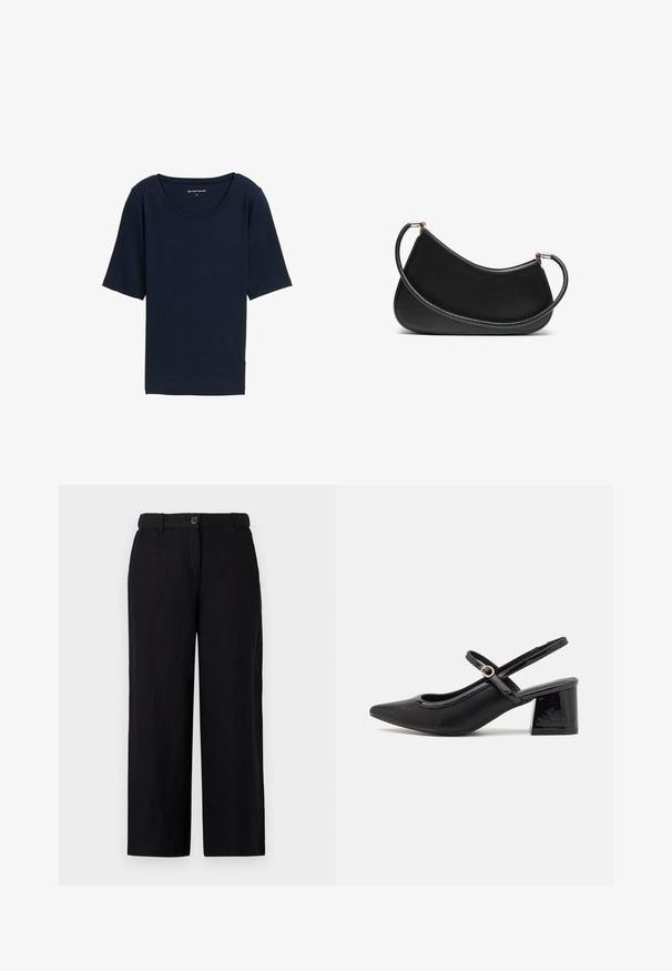 Laivansinis T-paita pyöreällä kauluksella, lyhyillä hihoilla ja pehmeällä tekstuurilla. Valmistettu kevyestä materiaalista, jossa on rento istuvuus.; Mustat leveät housut, jotka on valmistettu kevyestä kankaasta, edessä napp closure ja vyölenkit. Sileä pinta ilman näkyviä kuvioita.; Musta lakattu nahka slingback-korkokengät, joissa on terävä kärki, pyöreä aukko-muotoilu ja lohkokorko. Varustettu kultasävyisellä solkiyksityiskohdalla.; Mustassa nahkaolkalaukussa on kaareva muotoilu, jossa on teksturoitu olkahihna ja kultasävyinen metalliosuus yläosassa. Pintamateriaali on sileä.