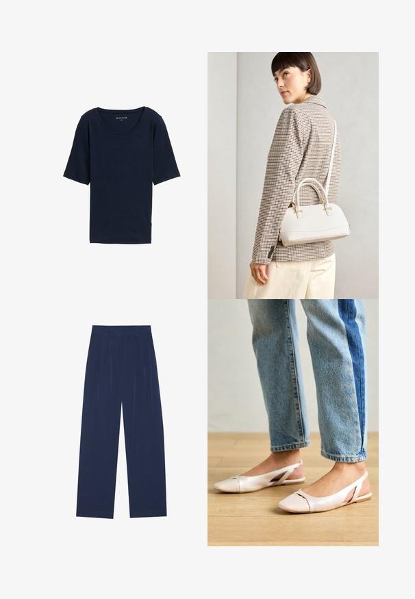 Marineblå T-shirt med rund halsudskæring, korte ærmer og en blød tekstur. Fremstillet af letvægtsmateriale med en afslappet pasform.; Marineblå bredbenede bukser lavet af blød stof, med frontfolder, en glat tekstur og en lige pasform uden synlige lommer.; Lyserøde slingback flade sko med spidse tær, lavet af et glat læderlignende materiale. Har udskæringsdetaljer på siderne og en flad hæl.; Hvid struktureret taske med korte håndtag og en skulderrem, prydet med guldfarvede hardwaredetaljer og tekstureret materiale, præsenteret mod en grå baggrund.