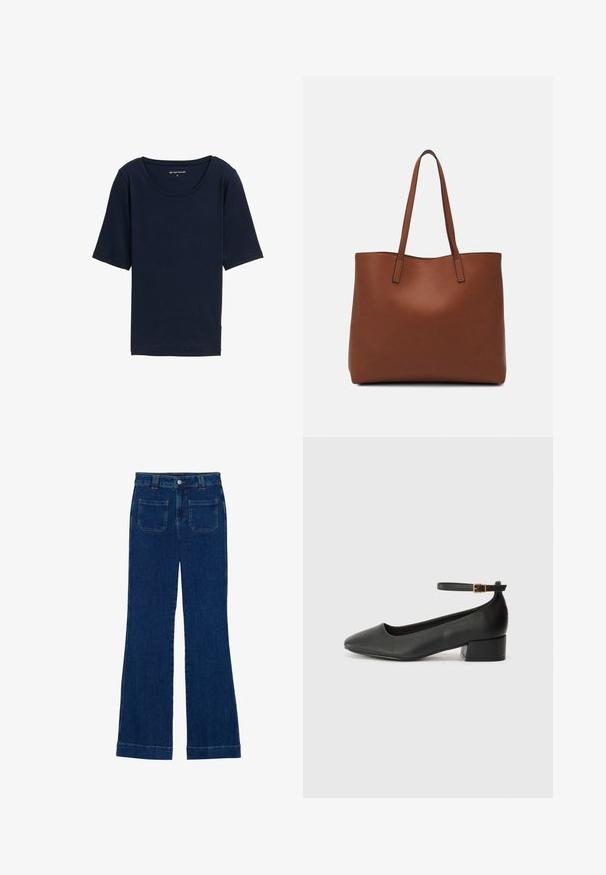Marineblauwe T-shirt met een ronde hals, korte mouwen en een zachte textuur. Gemaakt van lichtgewicht materiaal, met een ontspannen pasvorm.; Donkerblauwe denim flared jeans met een gladde textuur, vijf zakken en een knoopsluiting aan de taille.; Zwarte leren pump met een spitse neus en een lage blokhak. Beschikt over een enkelband met een goudkleurige gespsluiting. Gladde textuur.; Bruine leren tote bag met een gladde textuur, een ontwerp met een open bovenkant en twee schouderbanden. Kenmerkt zich door minimale stiksels en geen zichtbare hardware.