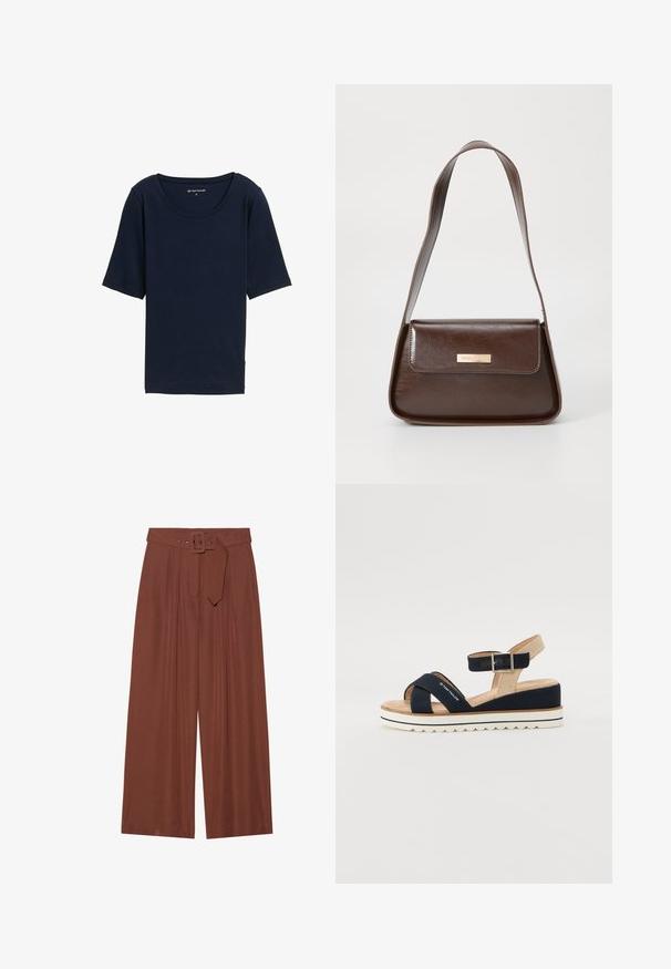 Tricou de culoare albastru marin, cu decolteu rotund, mâneci scurte și o textură moale. Fabricat dintr-un material ușor, având o croială lejeră.; Pantaloni evazați din țesătură maro, prevăzuți cu un curea cu cataramă pătrată, design pliat și textură netedă.; Sandală bleumarină cu două curele din material textil, curea ajustabilă pentru gleznă și spate texturat bej. Talpă groasă, albă, cu margine zimțată. Marcă imprimată pe curea.; Geanta de umăr din piele maro, cu o formă structurată, care dispune de un închizător cu clapetă magnetică și un accent metalic cu logo pe față.