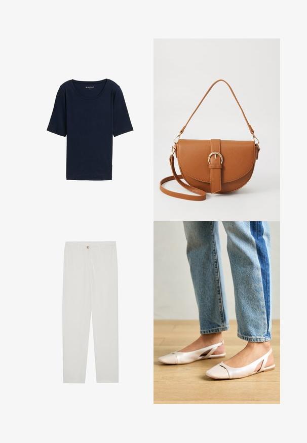 Tamsiai mėlynas marškinėliai su apvaliu kaklu, trumpomis rankovėmis ir minkšta tekstūra. Pagaminti iš lengvos medžiagos, turi laisvą siluetą.; Baltos, pritaikytos kelnės su tiesaus kirpimo dizainu, su sagčių uždarymu, dirželių kilpomis ir šoninėmis kišenėmis; lygus audinio tekstūros.; Šviesiai rožiniai slingback baleto bateliai su smailiu pirštu, pagaminti iš lygios odai panašios medžiagos. Yra išpjovimų detalės šonuose ir plokščias kulnas.; Ruda odinė kryžminė rankinė, turinti kreivą formą, auksinius metalinius elementus ir sagtį. Yra nuimama petneša.