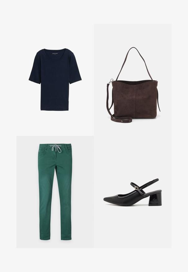 Námornícky modré tričko s okrúhlym výstrihom, krátkymi rukávmi a jemnou textúrou. Vyrobené z ľahkého materiálu, s voľným strihom.; Zelené nohavice z bavlneného zmesi so strihom rovného nohavicu, s nastaviteľným pásom na šnúrku a dvoma prednými vreckami. Hladká textúra a bez vzorov.; Čierne lakované kožené lodičky so slingback dizajnom, špicatou špičkou, zaobleným výrezom a blokovým podpätkom. Obsahuje akcent zlatého tónu s prackou.; Hnedá semišová taška s mäkkou textúrou, vybavená jedným ramenným popruhom a jemne zakriveným horným otvorom. Bez viditeľných hardvérových detailov.