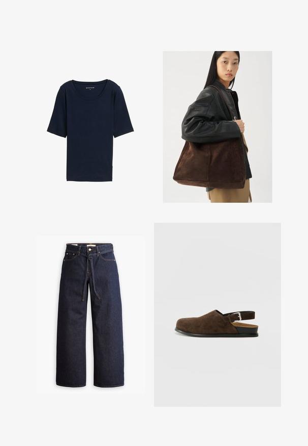 Tumed sinine T-särk ümarate krae, lühikeste varrukate ja pehme tekstuuriga. Valmistatud kergest materjalist, omades lõdva istuvust.; Laiad joped tumeda sinise denimi ja kõrge taljega, millel on paela kinni tõmbamise võimalus, viis taskut ja kontrastsete õmblustega detailid.; Pruunid nahast libisemisega kingad madala kontsaga, reguleeritav rihm hõbedase klambriga ja must kummitald.; Pruun suede totes kott laia kujuga ja pehme tekstuuriga, millel on üks rihm ja minimaalne riistvara neutraalses taustas.