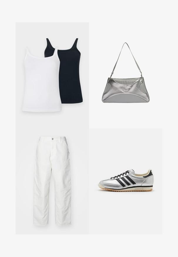 Due canottiere in cotone: una bianca e una blu navy. Entrambe presentano spalline sottili, una texture a costine e un design aderente.; Pantaloni cargo bianchi in denim, caratterizzati da una vestibilità rilassata, tasche laterali e dettagli di cucitura in evidenza. Parte anteriore semplice con chiusura a bottone.; adidas Originals SL 72 OG - Sneakers basse - silver metallic/core black/off white; Borsa a tracolla metallica argento con un design elegante e strutturato, caratterizzata da un corpo texturizzato, una tracolla e un logo in rilievo.