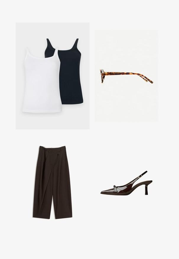 Dwie bawełniane topy na ramiączkach: jeden w kolorze białym, a drugi w kolorze granatowym. Oba mają cienkie ramiączka, prążkowaną teksturę oraz dopasowany krój.; Ciemnobrązowe szerokie spodnie o wysokim stanie, z pojedynczym zapięciem na guzik i plisowanym przodem. Wykonane z lekkiego materiału.; Brązowe lakierowane sandały z odkrytymi palcami, o spiczastym nosku, niskim obcasie i ozdobnym kokardkowym akcentem z przodu. Gładka, błyszcząca tekstura.; Okulary przeciwsłoneczne w kratkę w grubej oprawie, lekko zakrzywionymi zausznikami i gładką teksturą. Charakteryzują się klasycznym wzornictwem i błyszczącym wykończeniem.; Brązowa skórzana torba na ramię o zaokrąglonym kształcie, ze złotymi akcentami i zapięciem w formie klamry. Posiada odpinany pasek na ramię.