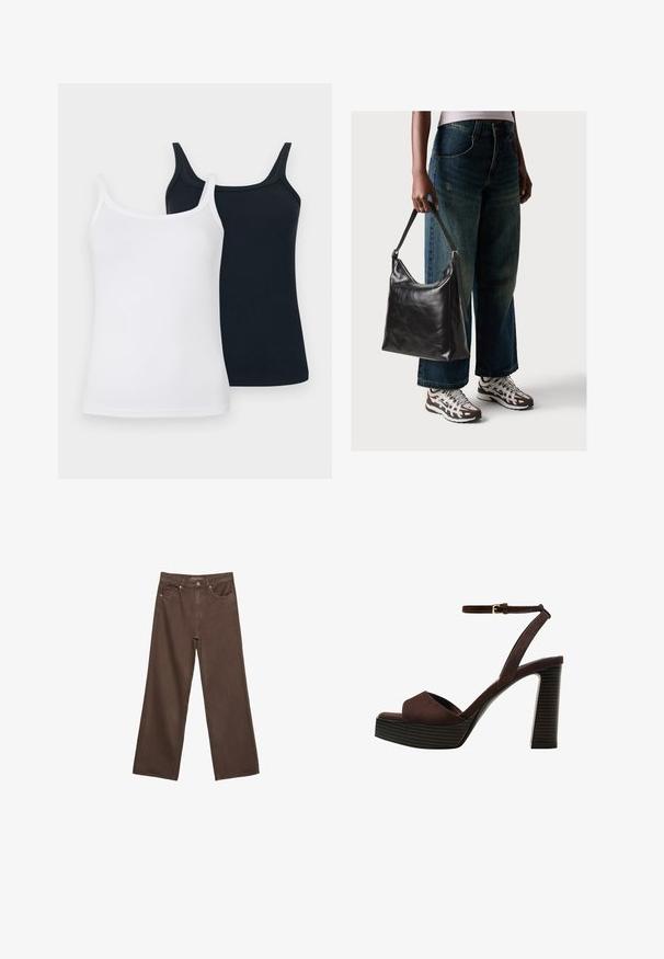 Due canottiere in cotone: una bianca e una blu navy. Entrambe presentano spalline sottili, una texture a costine e un design aderente.; Jeans a gamba larga marroni in denim, con vita alta, tasche anteriori e chiusura a bottone classica. Tessuto liscio con cuciture sottili.; Sandal in camoscio marrone con tacco alto, punta aperta, cinturino alla caviglia regolabile e suola a piattaforma striata.; Borsa a tracolla nera in pelle con una texture liscia e tracolla regolabile, abbinata a jeans ampi sbiaditi e sneakers sportive.