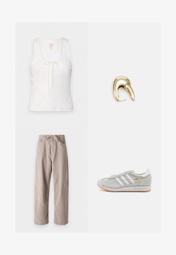 GAP GAP X DOEN POINTELLE TANK - Top - new off white; Pantalones de pana beige de corte holgado, con cinturilla ajustable, dos bolsillos frontales y textura de canalé vertical.; Zapatilla de color gris claro hecha de ante y malla, con tres franjas blancas, punta redonda y suela de goma. Acento en logo dorado cerca de los cordones.; Pendiente de metal en tono dorado con un diseño elegante y curvado. Presenta una forma puntiaguda distintiva, superficie pulida y cierre de bisagra.