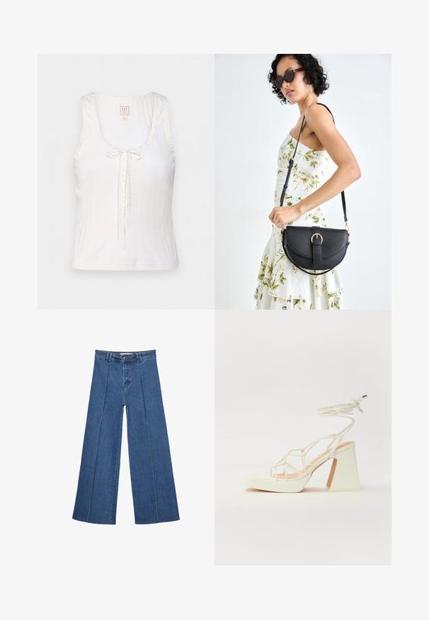 GAP GAP X DOEN POINTELLE TANK - Top - new off white; Weite Jeans aus Denim in Mittelblau, mit hoher Taille, Knopfverschluss und kontrastierenden vertikalen Nahtdetails an der Vorderseite.; Weiße High-Heel-Sandale mit einem klobigen Absatz, die über ein Riemchendesign und ein Knöchelband verfügt. Glatte Textur mit einer Plattform vorne für zusätzliche Höhe.; Schwarze Lederhandtasche mit geschwungener Form, abnehmbarem Tragegurt und goldenen Beschlägen. Die Tasche verfügt über einen Deckel mit einer Schnallen-Details.