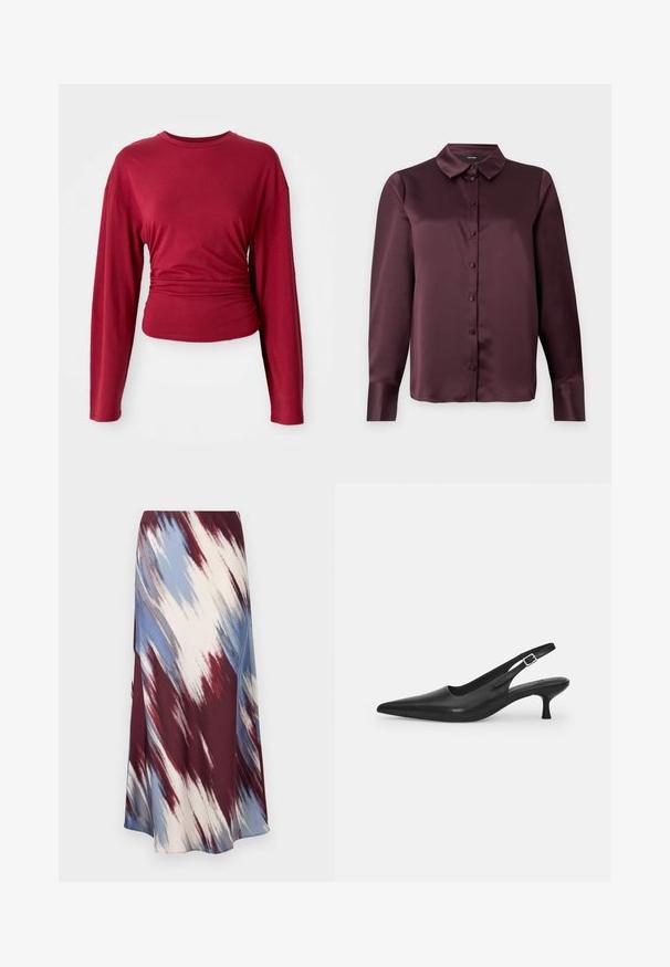 Bordeaux langærmet bluse med rund hals, tætsiddende i taljen, lavet af glat stof med bløde draperinger i siderne.; Bordeaux satin skjorte med klassisk krave, lange ærmer og en glat tekstur. Har en frontklap med matchende knapper.; Lang nederdel med et diagonalt tie-dye mønster i bordeaux, blå og creme, lavet af blødt stof med en flydende silhuet og let glans.; Sort læder slingback-sko med spids tå og en slank, buet hæl. Har en diskret justerbar rem med en metalspænde.