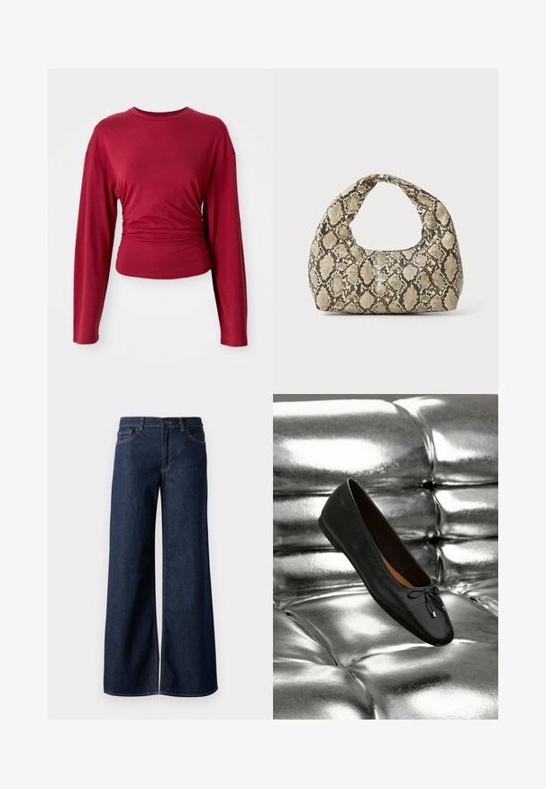 Top bordeaux de mangas longas com decote redondo, ajustado na cintura, feito de um tecido suave com caimento leve nas laterais.; Jeans de perna larga em denim azul escuro. Apresenta costura em contraste, cinco bolsos e um fecho de botão na cintura. Textura lisa.; Vagabond JOLIN - Sabrinas - black; Bolsa com padrão de pele de cobra e uma alça curva. Feita de materiais texturizados em bege e castanho, apresentando um padrão de diamante distintivo.