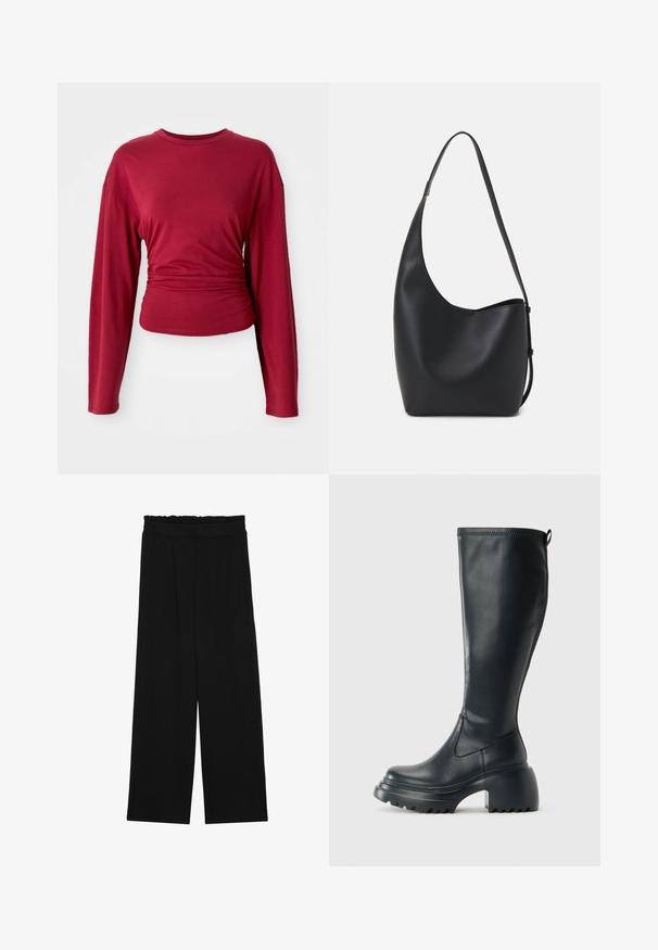 Bordó dlouhý rukáv s kulatým výstřihem, přiléhavý v pase, vyrobený z hladké tkaniny se mírným drapírováním po stranách.; Černé široké nohavice s volánkovým pasem, které mají dvě boční kapsy a hladkou, lehkou tkaninu. Žádné viditelné vzory ani kovové prvky.; Vysoká černá kožená bota s masivní platformou a blokovým podpatkem, s poutkem a texturovaným vzorkem na podrážce.; Černá kožená hobo taška s hladkým povrchem, zakřiveným tvarem a jedním nastavitelným popruhem; má široké otevírání nahoře.