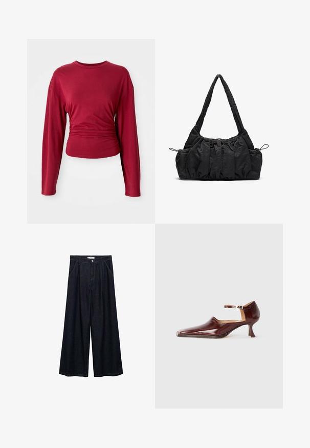 Burgundowa bluzka z długim rękawem, z okrągłym dekoltem, dopasowana w talii, wykonana z gładkiego materiału z delikatnym drapowaniem po bokach.; Ciemnoniebieskie spodnie o szerokich nogawkach z wysokim stanem, z zamknięciem na guzik z przodu, dwoma bocznymi kieszeniami oraz detalami w szwach.; Burgundowe lakierowane buty na obcasie z wąskim noskiem, paskiem na kostkę i 5 cm stożkowym obcasem. Gładka tekstura i minimalistyczny design.; Czarna torebka z tkaniny z marszczoną fakturą, z dwoma ramiączkami i sznurkiem do ściągania po bokach. Gładki, lekki materiał.