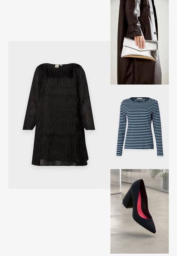 Long-sleeve navy and light blue striped shirt with a crew neckline. Made of soft fabric with a regular fit and side slit details.; Black dress with three-quarter sleeves, made of sheer fabric featuring vertical textured stripes and a rounded neckline.; Black high-heeled shoe with a pointed toe and a textured upper. Interior features bright pink lining. Square heel with metallic accent at the base.; Silver metallic clutch with an angular envelope design, smooth texture, and contrasting interior color, held in a hand wearing a black coat.