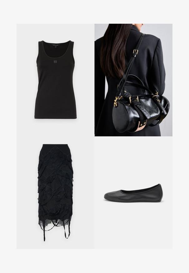 Black tank top made of smooth, stretchy fabric. Features a round neckline and a small logo patch on the front. Simple, fitted design.; Black skirt featuring layered lace accents, a fitted waistband, and adjustable straps. The design includes a wave-like pattern throughout.; Black leather ballet flat with a rounded toe, smooth texture, minimal stitching detail, and a flexible sole design.; Black leather handbag with a rounded shape, featuring gold hardware and adjustable straps. Accents of textured black leather and beige detail.