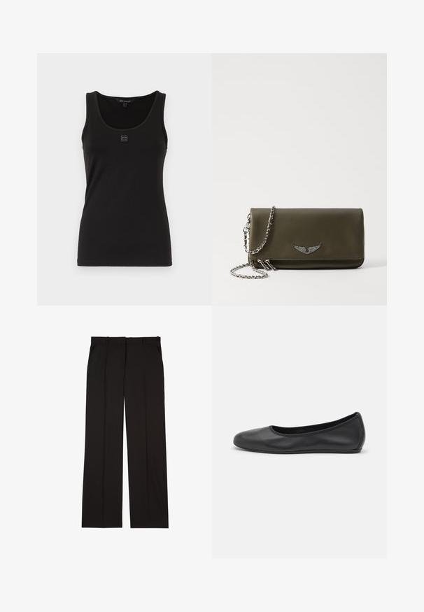 Schwarzes Tanktop aus glattem, dehnbarem Stoff. Verfügt über einen runden Ausschnitt und ein kleines Logo-Patch auf der Vorderseite. Einfaches, maßgeschneidertes Design.; Schwarze, maßgeschneiderte Hosen aus einem glatten Stoff, mit geradem Bein und zwei Seitentaschen. Elegante und minimalistische Konstruktion.; Schwarze Leder-Ballettschuhe mit abgerundeter Spitze, glatter Textur, minimalen Nähdetails und einem flexiblen Sohlen-Design.; Olivgrüne Leder-Clutch mit einem metallischen Flügelakzent, ausgestattet mit einem Kettenriemen und einem Reißverschluss, glatter Textur und rechteckiger Form.