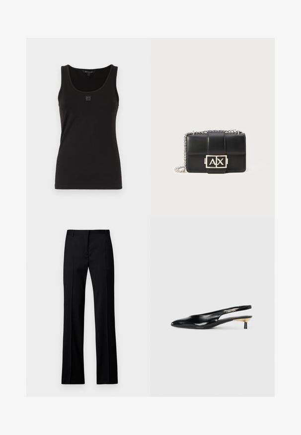 Juodas tankinis, pagamintas iš lygaus, tampraus audinio. Turi apvalų iškirpimą ir mažą logotipo ženkliuką priekyje. Paprastas, prigludęs dizainas.; Juodi tiesūs kelnės iš lygios medžiagos, su lygiu priekiu, dirželių kilpelėmis ir be matomų kišenių ar puošybos elementų.; Juodos slingback aukštakulniai su pailgu pirštu, blizgi odinė apdaila ir mažas kulnas su auksiniu akcentu. Išmanus dizainas su atviru nugara.; Juodas odinis rankinukas su siuvinėtu raštu, sidabriniu grandinės dirželiu ir ryškiu sidabriniu "AX" logotipu priekyje. Kompaktiška stačiakampio formos.