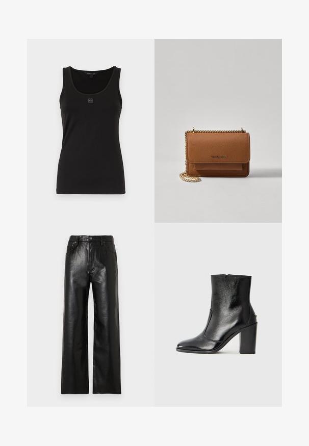 Fekete pántos felső, sima, rugalmas anyagból készült. Kerek nyakkivágással és egy kis logóval rendelkezik az elején. Egyszerű, testhezálló dizájn.; Fekete bőrből készült, széles szárú nadrág fényes felülettel, elöl zsebekkel, cipzáras sliccel és gombos rögzítéssel. Végig sima textúrájú.; Fekete bőr bokacipő sima textúrával, hegyes orral és vastag, magas sarkával. Oldalnyílással és minimalista dizájnnal rendelkezik.; Barna textúrájú bőr keresztbody táska arany lánc pánttal és fedélzárral. Az elején logó részlet és egy zseb található a fedél alatt.