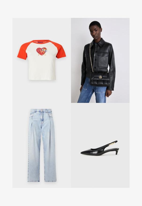 Kortärmad, cropped t-shirt med röda raglanärmar. Har en färgglad grafik av en hjort med en rosett på vit bakgrund.; Ljust blå denimjeans med hög midja, vida ben, två sidofickor och veckad design. Mjuk textur med en blekt finish.; Svart läder slingback-hälar med spetsig tå, med en smal klack och en guldtonad detalj på den justerbara remmen. Slät textur.; Svart läderjacka med knappstängning och två framfickor, i kombination med en svart vadderad handväska med ett guldspänne och kedjerem.