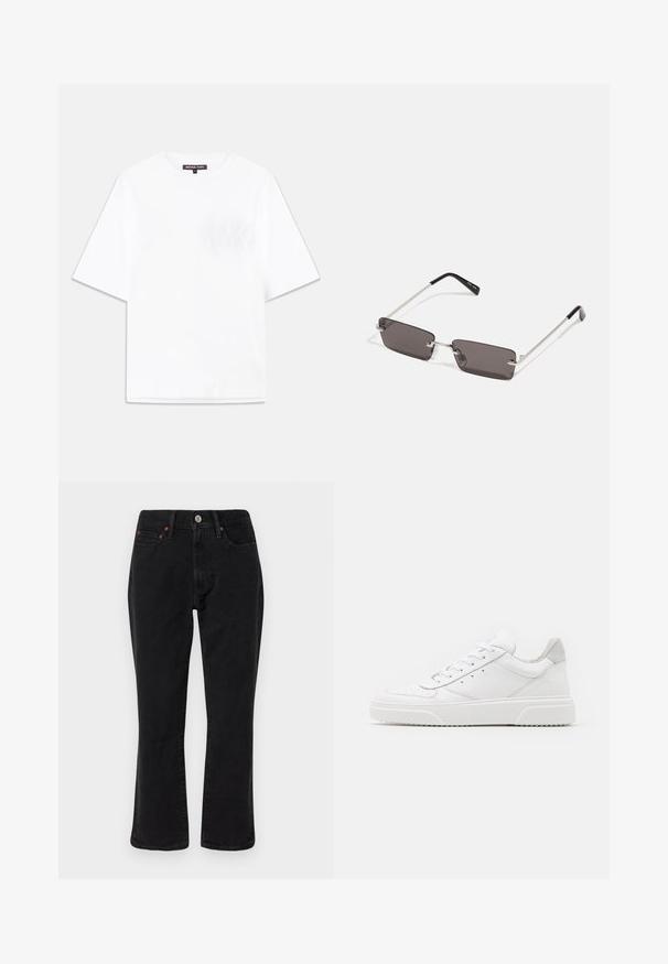 Biała bawełniana koszulka z okrągłym dekoltem, krótkimi rękawami i teksturowanym logotypem "MK" na lewej kieszeni na piersi.; Czarne dżinsy o prostym kroju, pięć kieszeni, metalowe elementy wykończenia w miedzianym kolorze. Gładka tekstura i średni stan.; Białe skórzane trampki o gładkim wykończeniu, zaokrąglonym nosku, płaskich sznurówkach i teksturowanej podeszwie. Szary zamszowy akcent na pięcie.; Okulary przeciwsłoneczne z prostokątnymi, ciemnoszarymi soczewkami, srebrnymi metalowymi ramkami i czarnymi plastikowymi zakończeniami na zausznikach. Lekka konstrukcja z poduszkami nosowymi.