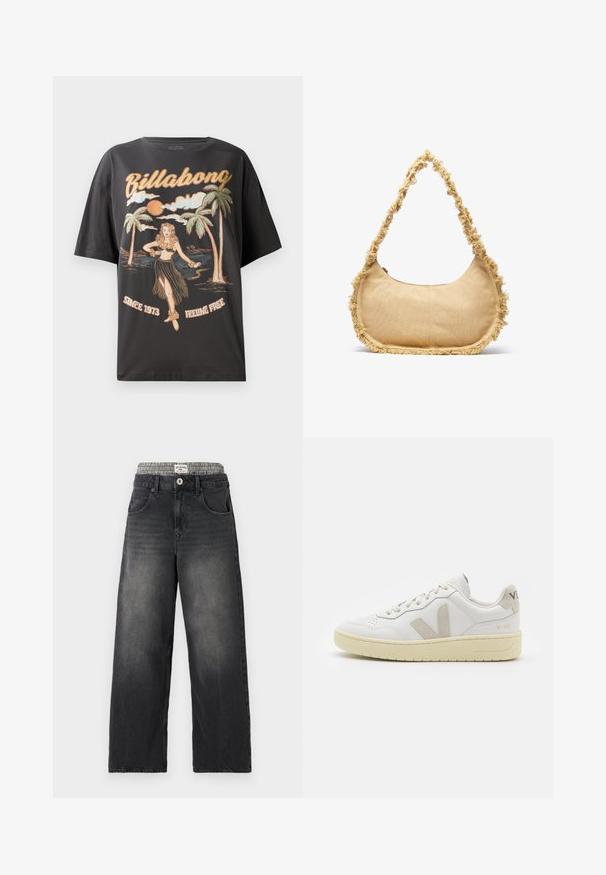 Svart bomull T-skjorte med et fargerikt grafisk trykk av en hula-danser, palmer og teksten "Billabong" i fet skrift.; Sorte denim bukser med vide ben og et houndstooth-mønstret taljebånd. Funktioner inkluderer forlommer og knappelukning. Slidt tekstur.; Hvite lær sneakers med beige semsket detaljer, perforert tåboks, flate lisser og en teksturert kremfarget såle. Har subtil branding på hælen.; Teksturet beige veske med avrundet form, frynsete kant langs kantene, og en kort stropp for bæring. Glidelåsåpning på toppen.