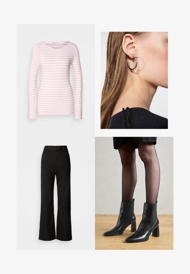 Long-sleeve striped top in light pink and white, featuring a round neckline and a fitted design made of soft, stretchy fabric.; Black wide-leg trousers with a smooth texture, high waist, and a clean design. No visible pockets or embellishments.; Black leather ankle boots with a pointed toe, chunky square heel, and sleek design. Features elastic side panels for easy wear.; Silver hoop earring with a polished finish, featuring small gold accent details and a round shape, worn on the lobe.