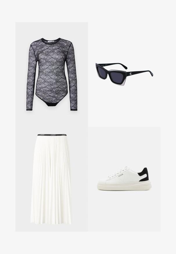 Zwarte kanten bodysuit met lange mouwen, bloemenpatroon, ronde hals en een effen zwarte onderkant. Doorzichtige textuur en slim fit ontwerp.; Plisséminirok in het wit met een zwarte elastische tailleband met het "LACOSTE"-logo. Middellange ontwerp met een zachte textuur.; Witte leren sneakers met een dikke witte zool, zwarte suède hielaccent en een geperst logo op de zijkant. Vetersluiting met zes oogjes.; Zwarte oversized zonnebril met een geometrische vorm, voorzien van donkere glazen en een contrasterend grijs detail op het montuur. Logo op de arm.; Zilveren oorringen met een glad, glanzend oppervlak, met een gebogen vorm en een sluiting met steker. Minimalistisch ontwerp met een moderne afwerking.