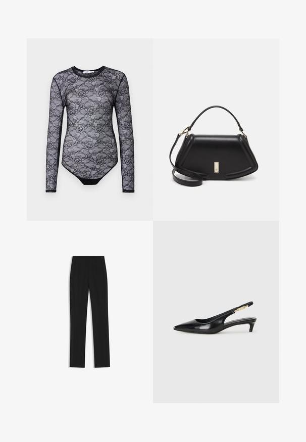Schwarzer Spitzen-Body mit langen Ärmeln, floralem Muster, Rundhalsausschnitt und einem einfarbigen schwarzen unteren Bereich. Transparenter Stoff und schlanker Schnitt.; Schwarze maßgeschneiderte Hose mit geradem Bein, ausgestattet mit Fronttaschen und einem glatten, strukturierten Stoff. Saubere, minimale Details.; Schwarze Leder-Slingback-Pumps mit spitzem Schuhblatt, ausgestattet mit einem schlanken Absatz und einem goldfarbigen Akzent am verstellbaren Riemen. Glatte Textur.; Schwarze Lederhandtasche mit einem strukturierten Design, das eine verkürzte Form, einen oberen Griff und goldfarbene Hardware-Details aufweist. Verstellbarer Schulterriemen ist enthalten.