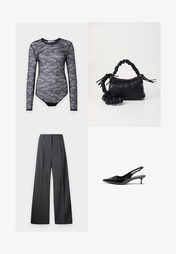 Black lace bodysuit with long sleeves, floral pattern, round neck, and a solid black bottom section. Sheer texture and slim fit design.; Wide-leg trousers in dark gray fabric, featuring a high waist, single pleats, and a smooth texture with a clean finish at the hems.; Black leather slingback heels with a pointed toe, small kitten heel, and a decorative knot detail on the front. Smooth texture throughout.; Black faux leather handbag with a crocodile texture, cinched top, and a scrunched strap. Appears soft and compact in design.