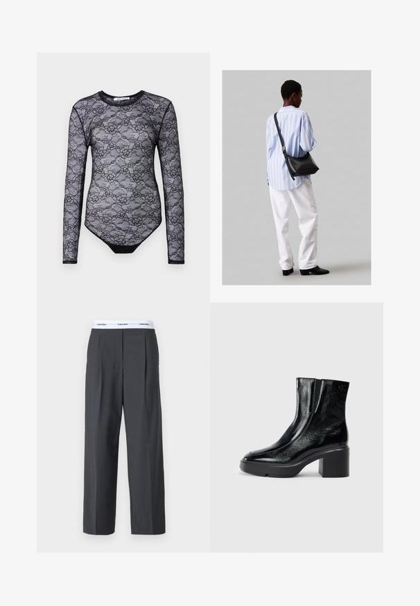 Čierny krajkový body s dlhými rukávmi, kvetinovým vzorom, okrúhlym výstrihom a jednofarebnou čiernou spodnou časťou. Priesvitná textúra a štíhly strih.; Sivé široké nohavice vyrobené z hladkej látky, s prednými sklady a bielym pásom s logom Calvin Klein.; Čierne lakované členkové topánky s zakrivenou špičkou, elastickými bočnými panelmi a masívnym blokovým opätkom. S embosovaným logom na zadnej strane.; Čierna kožená ramenná taška so mäkkou textúrou, trojuholníkovým tvarom a nastaviteľným popruhom, skombinovaná s svetlomodrou pruhovanou košeľou a bielymi nohavicami.