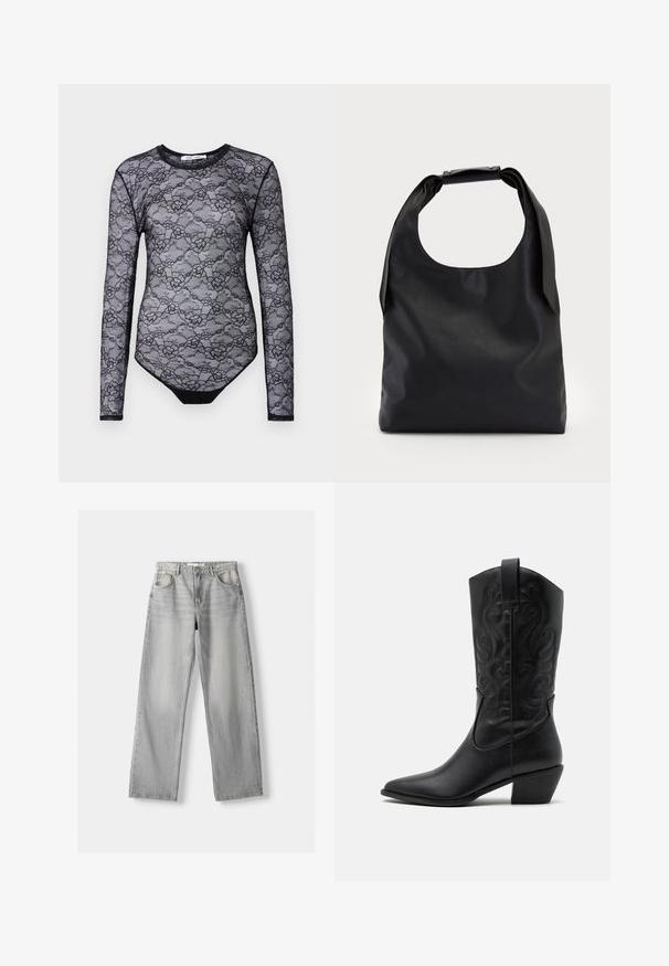 Fekete csipkés bodysuit hosszú ujjal, virágmintával, kerek nyakkivágással és egyszínű fekete alsó résszel. Átlátszó textura és karcsú fazon.; Világosszürke farmernadrág egyenes szárú fazonnal, két elülső zsebbel, gombos záródással és diszkrét fakulással a textúra érdekében.; Fekete bőr cowboy csizma hegyes orral, dombornyomott csavart mintákkal és közepes magasságú sarokkal. A könnyű felhúzást segítő húzófüllel rendelkezik.; Fekete bőr hobo táska egyetlen, puha, lekerekített fogantyúval; sima textúrával és minimalista dizájnnal rendelkezik. Nincs látható hardver vagy díszítés.