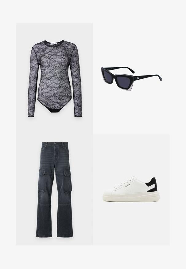Musta pitsinen body, jossa on pitkät hihat, kukkakuosi, pyöreä kaula-aukko ja kiinteä musta alaosa. Läpinäkyvä rakenne ja tiukka istuvuus.; Tummanharmaat cargo-housut, jotka on valmistettu denimmateriaalista. Tässä mallissa on kaksi sivutaskua ja leveät lahkeet. Ommellut yksityiskohdat saumoissa ja reunoissa.; Valkoiset nahkakengät paksulla valkoisella pohjalla, mustalla mokkanahkaosuudella kannassa ja kohokuvioitu logo sivulla. Nauhakeskitys kuudella reiällä.; Mustat ylisuuret aurinkolasit, joissa on geometrinen muoto, tummat linssit ja kehykseen erottuva harmaa yksityiskohta. Logo varressa.