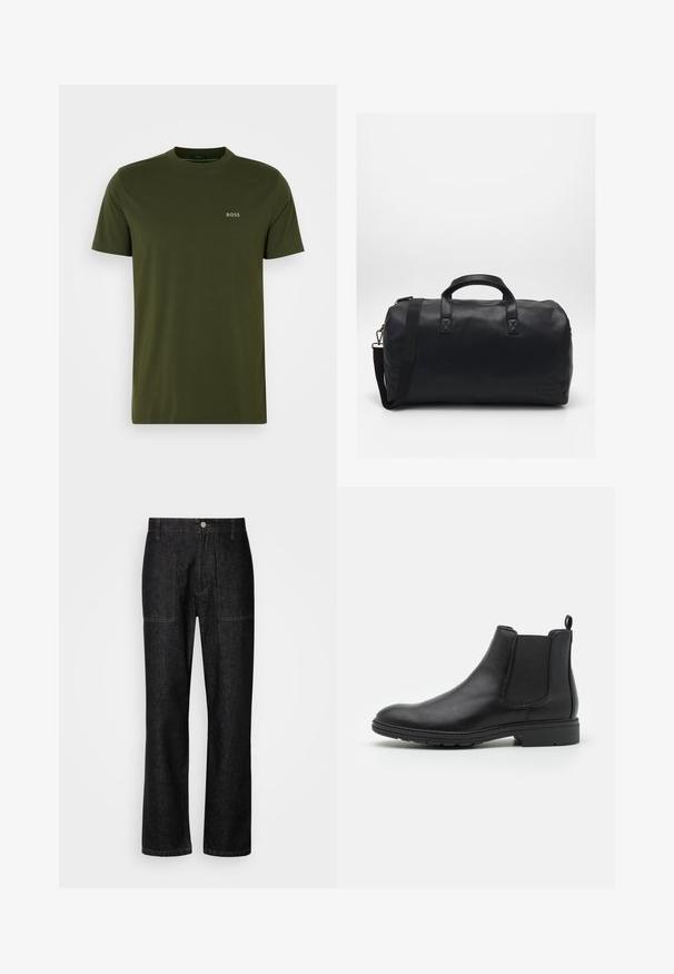 Olivgrön kortärmad T-shirt med rund hals och en liten kontrasterande "BOSS"-logotyp på bröstet. Tillverkad av mjukt bomullstyg.; Svarta denimbyxor med rak ben, synlig sömnad och framknäppning. Inkluderar två sidofickor och två bakfickor.; Svart läder Chelsea-boots med elastiska sidopaneler och en dragflik, med en rund tå och en texturerad gummisula.; Svart Duffelväska gjord av texturerat syntetiskt material. Har två handtag och en justerbar axelrem. Enkel design utan synliga mönster.; Set av fem metallringar i olika bredder, med släta, polerade och borstat ytor; färgerna sträcker sig från glänsande silver till matt.