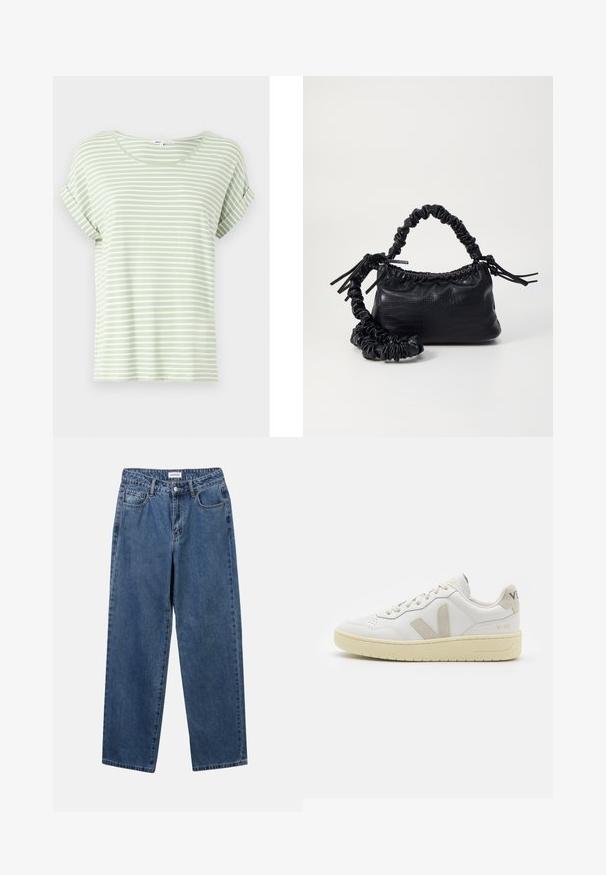 Helles grün gestreiftes T-Shirt aus weicher Stoffqualität, mit rundem Halsausschnitt und umgeschlagenen kurzen Ärmeln, mit horizontalen weißen Streifen.; Klassische blaue Denim-Jeans mit geradem Bein, fünf Taschen und Knopfverschluss. Sie verfügen über eine mittelblau gewaschene Optik und sind aus robuster Textur.; Weiße Ledersneaker mit beigen Wildlederakzenten, perforierte Zehenbox, flache Schnürsenkel und eine strukturierte cremefarbene Sohle. Mit dezentem Branding an der Ferse.; Schwarze Handtasche aus Kunstleder mit Krokodilstruktur, gerafftem oberen Teil und einem geschoppten Tragegurt. Sie wirkt weich und kompakt im Design.