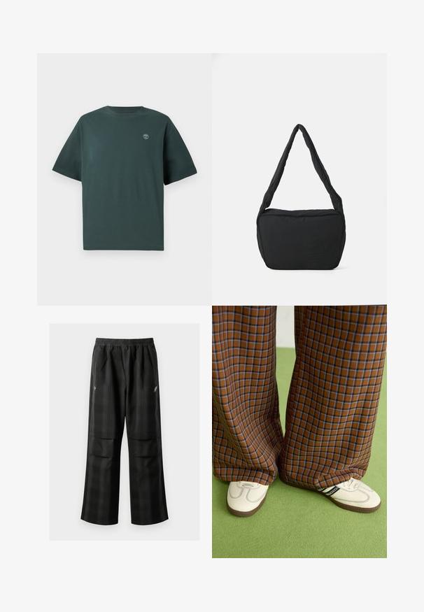 Mørkegrønn bomulls t-skjorte med korte ermer, rund hals og liten lys blå logo på venstre bryst. Jevn tekstur, avslappet passform.; Svarte rutete bukser med elastisk midje, to frontlommer og løs passform med rett ben-design. Laget av lett materiale.; Brune og blå rutete vide bukser sammen med hvite sko med svarte detaljer og teksturerte såler, satt mot en grønn bakgrunn.; Svart skulderveske med polstret tekstur, rund form og bred stropp, med et preget logo på forsiden.