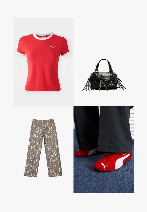 Rdeča bombažna majica s kratkimi rokavi z belim ovratnikom in akcenti na rokavih. Ima majhen bel Puma logotip na levi strani prsnega predela. Mehka tekstura, prilegajoča se zasnova.; Široke kavbojke z sivim, bež in rjavim kamuflažnim vzorcem, sprednjimi žepi, zankami za pas in gumbom za zapiranje.; Rdeče semiš tene z belimi detajli, ki imajo teksturiran material, okroglo špico in zlat logotip na strani, nosene z črnimi hlačami.; Črna usnjena torbica z pletenimi ročaji, teksturirano površino, zadrgo na sprednjem žepu in dekorativnimi resicami. Kompaktna in strukturirana oblika.