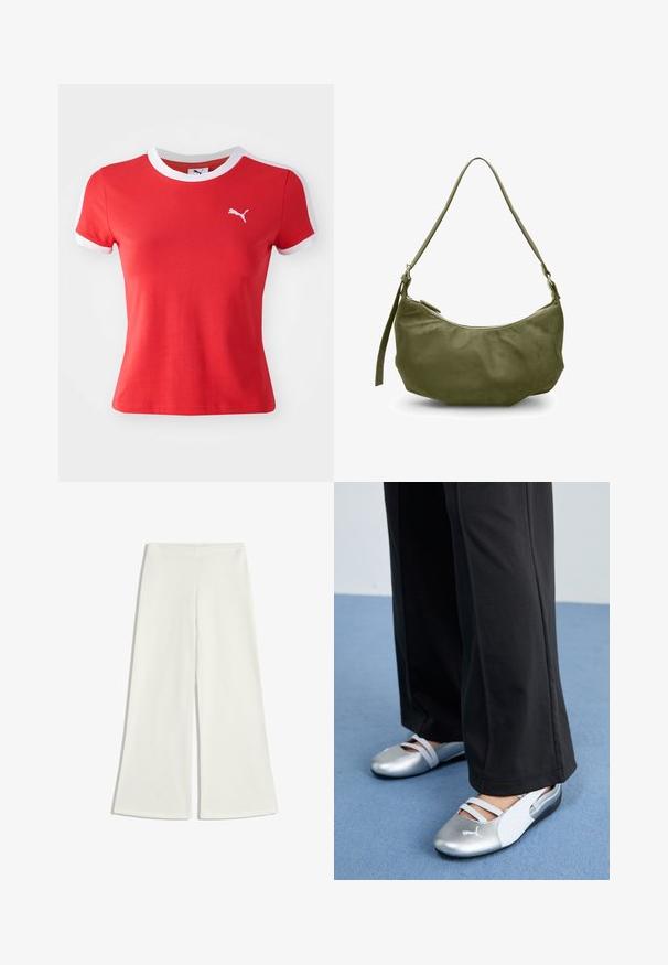 Rode katoenen T-shirt met witte halslijn en accentkleur op de mouwen. Bevat een klein wit Puma-logo op de linkerbovenborst. Zachte textuur, getailleerd ontwerp.; Witte wijde broek gemaakt van gladde stof. Ze hebben een hoge taille en geen zichtbare naden, wat zorgt voor een strakke silhouet.; Zilveren en witte platte schoenen met kruislingse banden en textuurdetails, aangevuld met losse zwarte broeken. Geplaatst tegen een blauwe vloer.; Olijfgroene leren schoudertas met een gebogen vorm, ritssluiting en verstelbare schouderband. Vriendelijke textuur met minimale hardware-accenten.