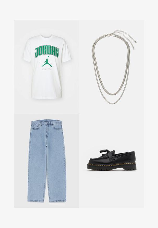 Bílý bavlněný tričko s výrazným zeleným textem "JORDAN" a černým siluetovým logem. Kulatý výstřih a krátké rukávy, standardní střih.; Světle modré džíny s rovnými nohavicemi, středním pasem, pěti kapsami a zapínáním na knoflík a zip.; Černé kožené mokasíny s třásněmi, se silnou černou podrážkou a žlutým prošíváním podél okraje. Texturovaný povrch.; Vícevrstvý stříbrný kovový náhrdelník s elegantními, flexibilními řetízky s jemným leskem, zabezpečený karabinkou a nastavitelným řetízkem.