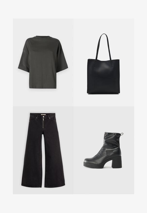 Short-sleeve, dark gray t-shirt made of soft cotton. Features a round neckline and loose fit with dropped shoulders for comfort.; Wide-leg jeans in black denim with a zippered front, five-pocket design, and subtle stitching details. Smooth texture and casual style.; Black ankle boots made of smooth leather, featuring a side zipper, chunky textured heel, and rounded toe design.; Black leather tote bag with smooth texture, rectangular shape, and two long handles. No visible hardware or embellishments.